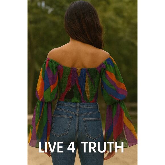 Gorgeous Off Shoulder Bell Sleeve Colorful Cropped Top Sz. M - Picture 2 of 5